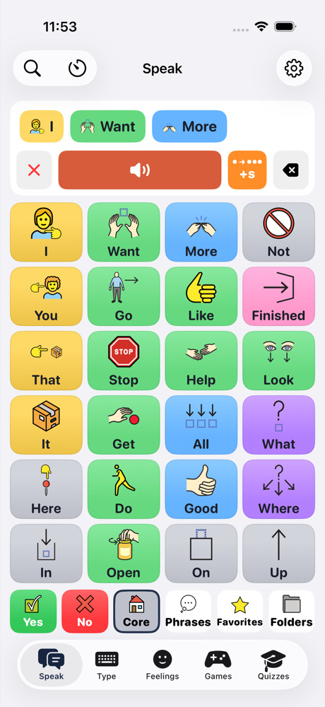 The ShoSpeak Speak board: picture buttons for words like I, want, more and help, with the sentence 'I want more' at the top